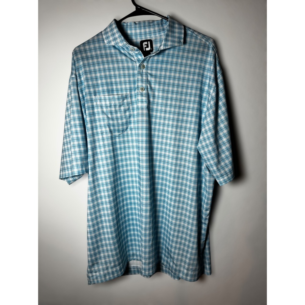 FootJoy FJ‎ Mens Plaid Golf Polo Shirt XL Blue White Short Sleeve Pocket